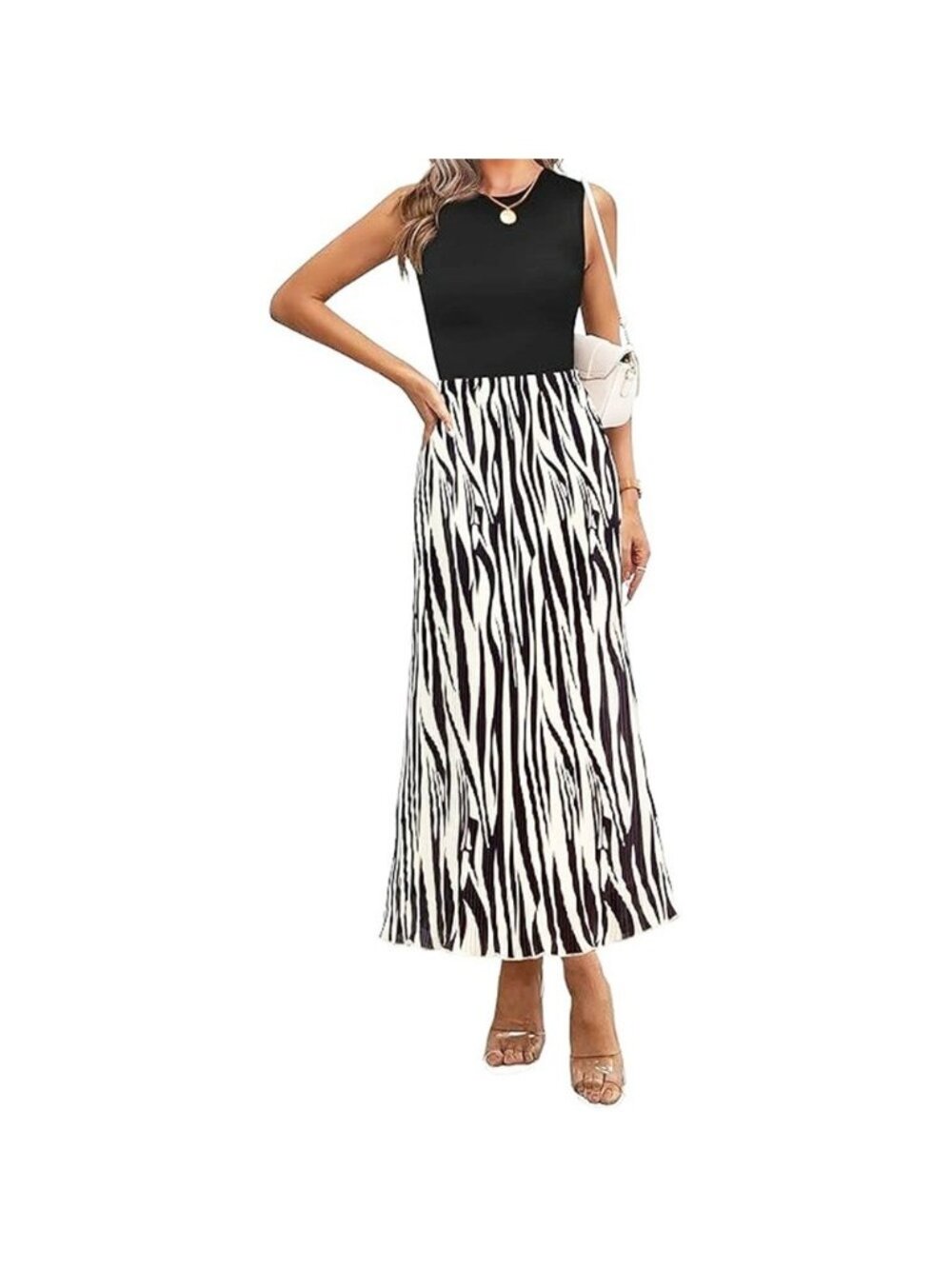 Womens Graphic Print A Line Pleated Work Dress Sleeveless Beige Zebra Small
